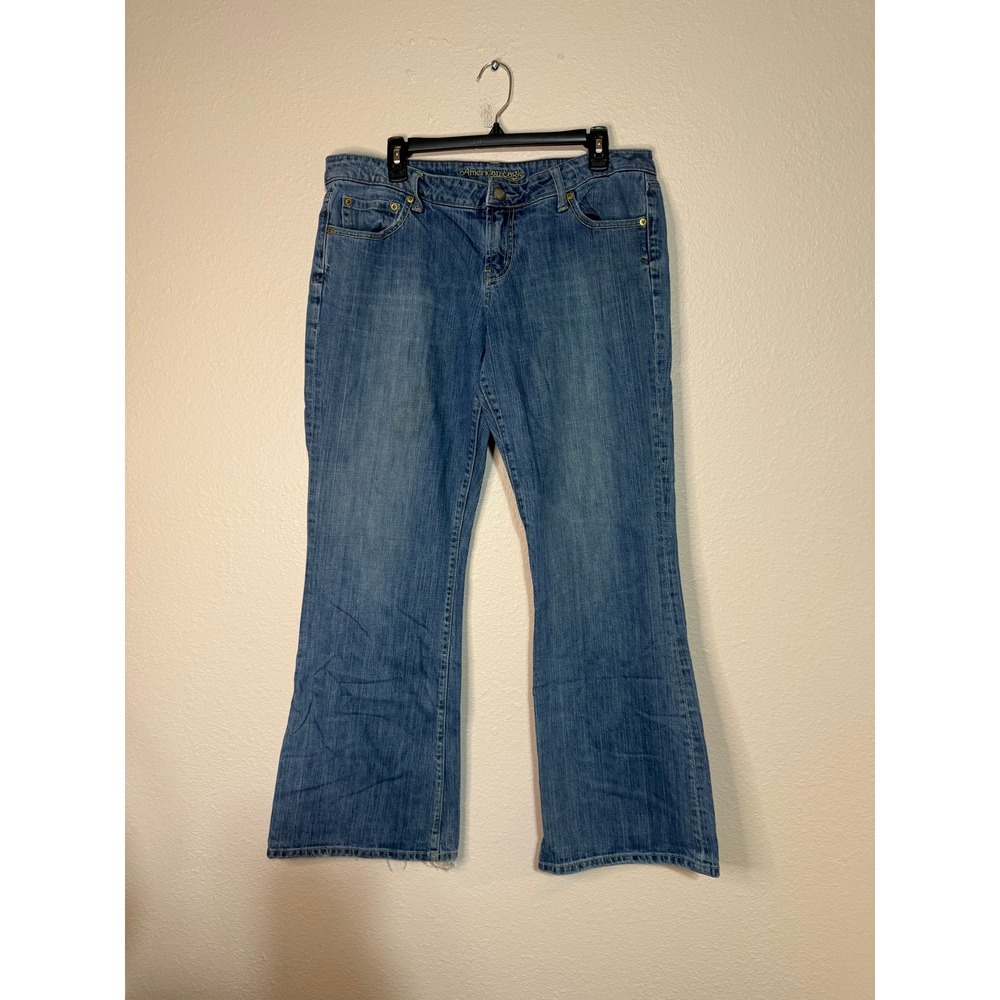 American Eagle Flare Jeans Medium Wash Distressed Hem Womens 14 Reg Denim